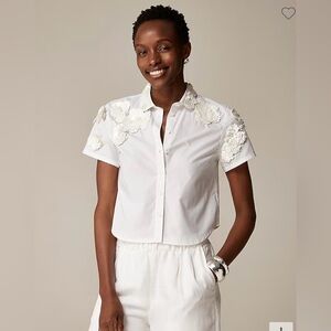J. Crew Collection NWT Cropped Button Up Shirt with Floral Appliqués in White